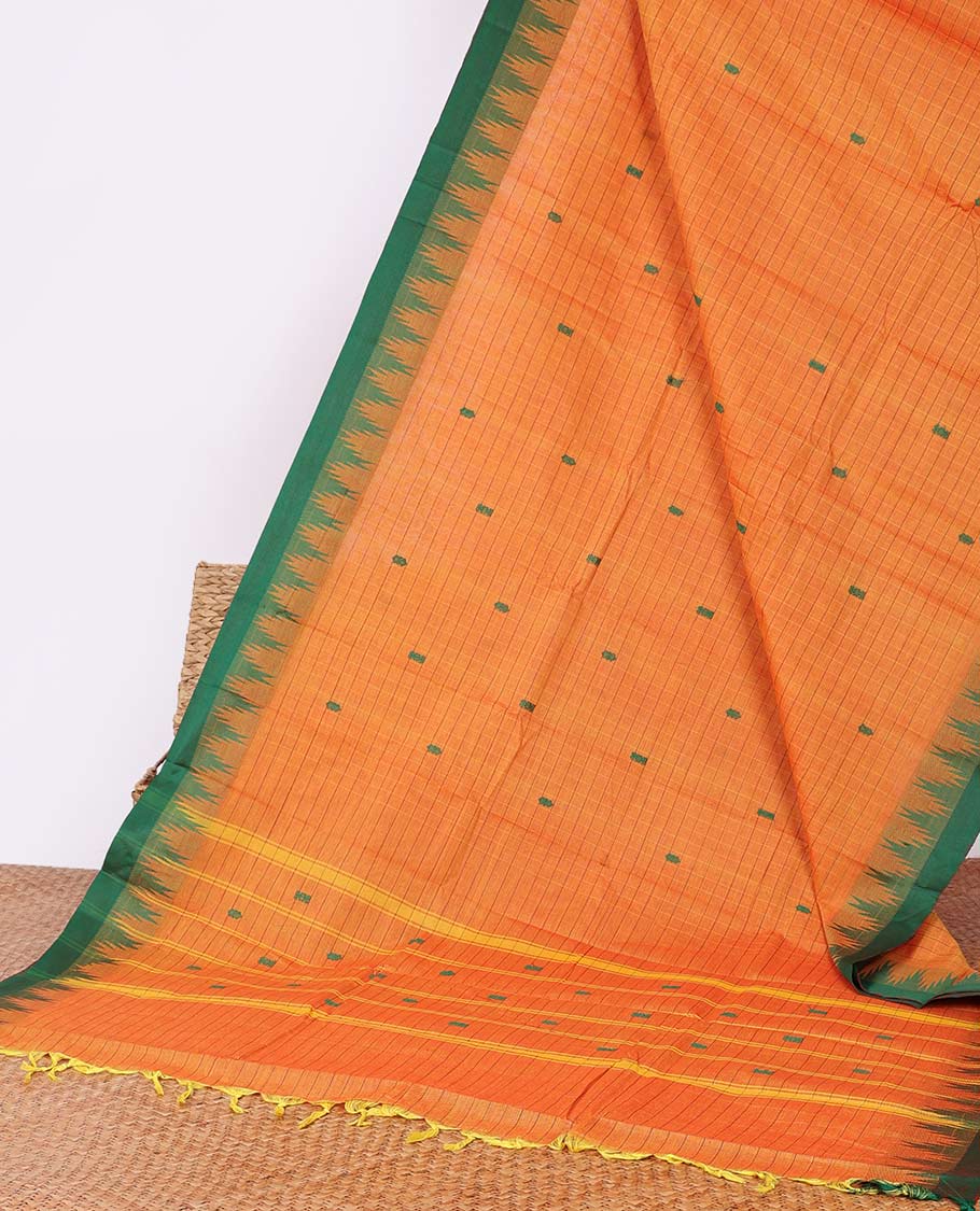 Orange checked Chettinad cotton saree with buttas, contrast temple border & pallu of stripes