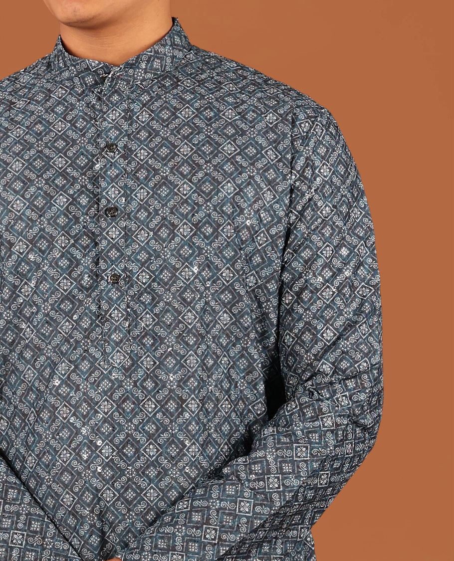 Blue Intricately Printed and Sequins Work Full-Sleeved Men's Kurta