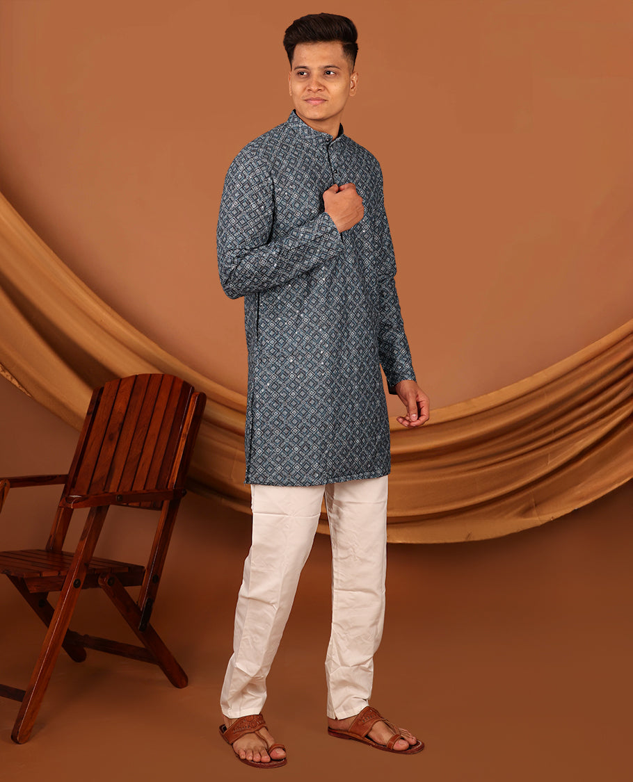 Blue Intricately Printed and Sequins Work Full-Sleeved Men's Kurta