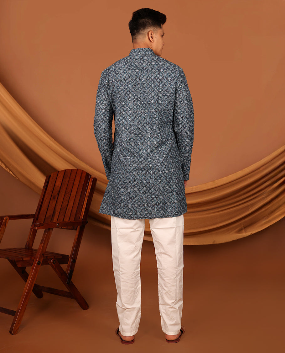 Blue Intricately Printed and Sequins Work Full-Sleeved Men's Kurta