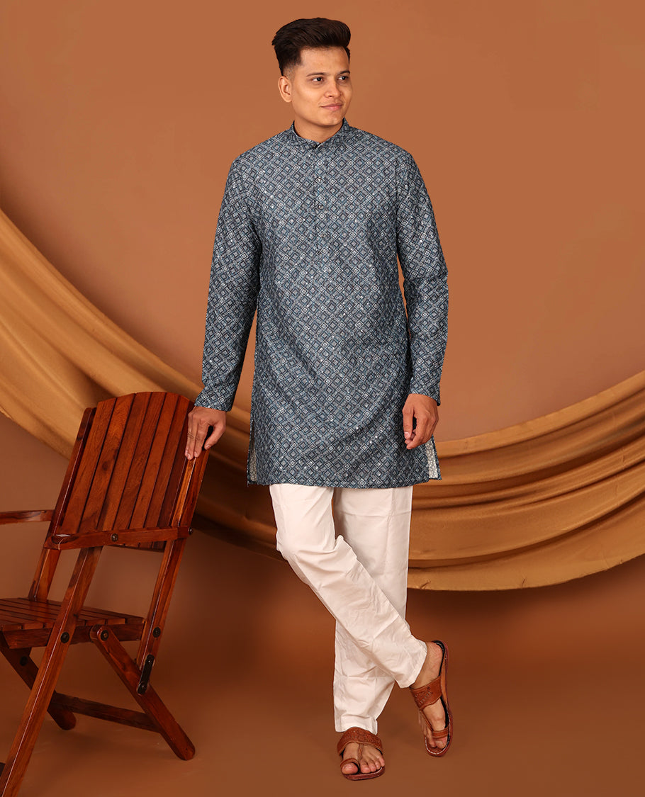 Blue Intricately Printed and Sequins Work Full-Sleeved Men's Kurta