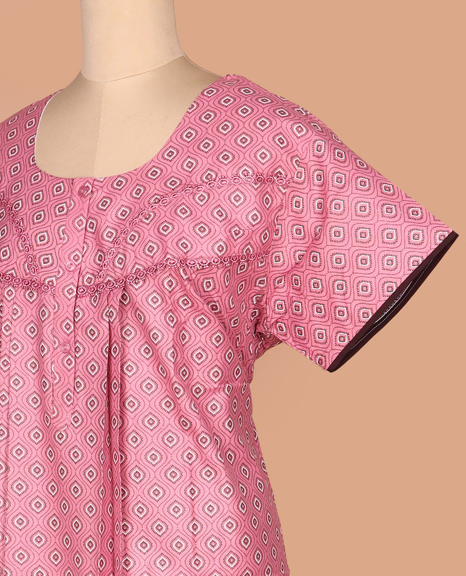Pink ogee printed with lace work round neck half-sleeve cotton nighty