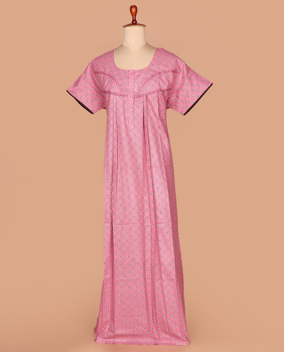 Pink ogee printed with lace work round neck half-sleeve cotton nighty
