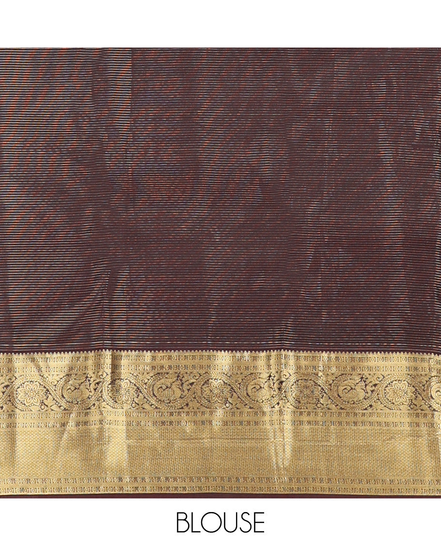 Orange zari design Vasundhara silk mix, contrast border of rekku, kamalam, kodi mayil, and jaal designs, and geometric pallu