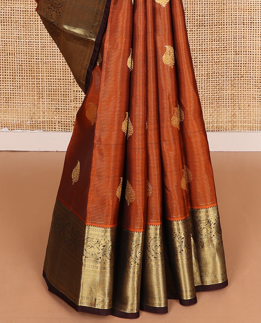 Orange zari design Vasundhara silk mix, contrast border of rekku, kamalam, kodi mayil, and jaal designs, and geometric pallu