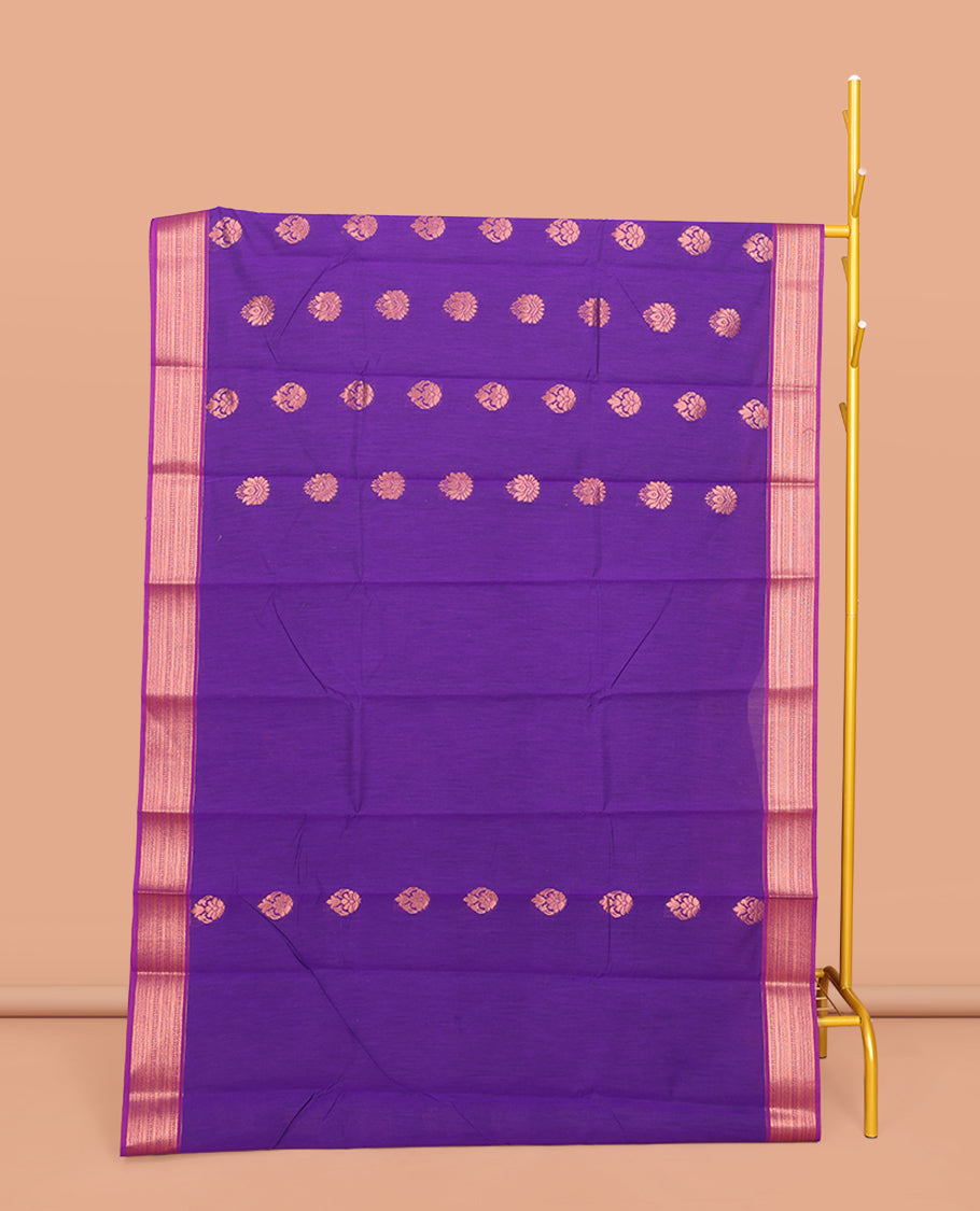 Violet Semi-Silk Cotton Saree, Detailed with Zari Buttas All Over Its Body, Complemented by a Contrast Traditional Zari Border, Pallu Steeped with Paisley Designs, and Paired with a Matching Blouse