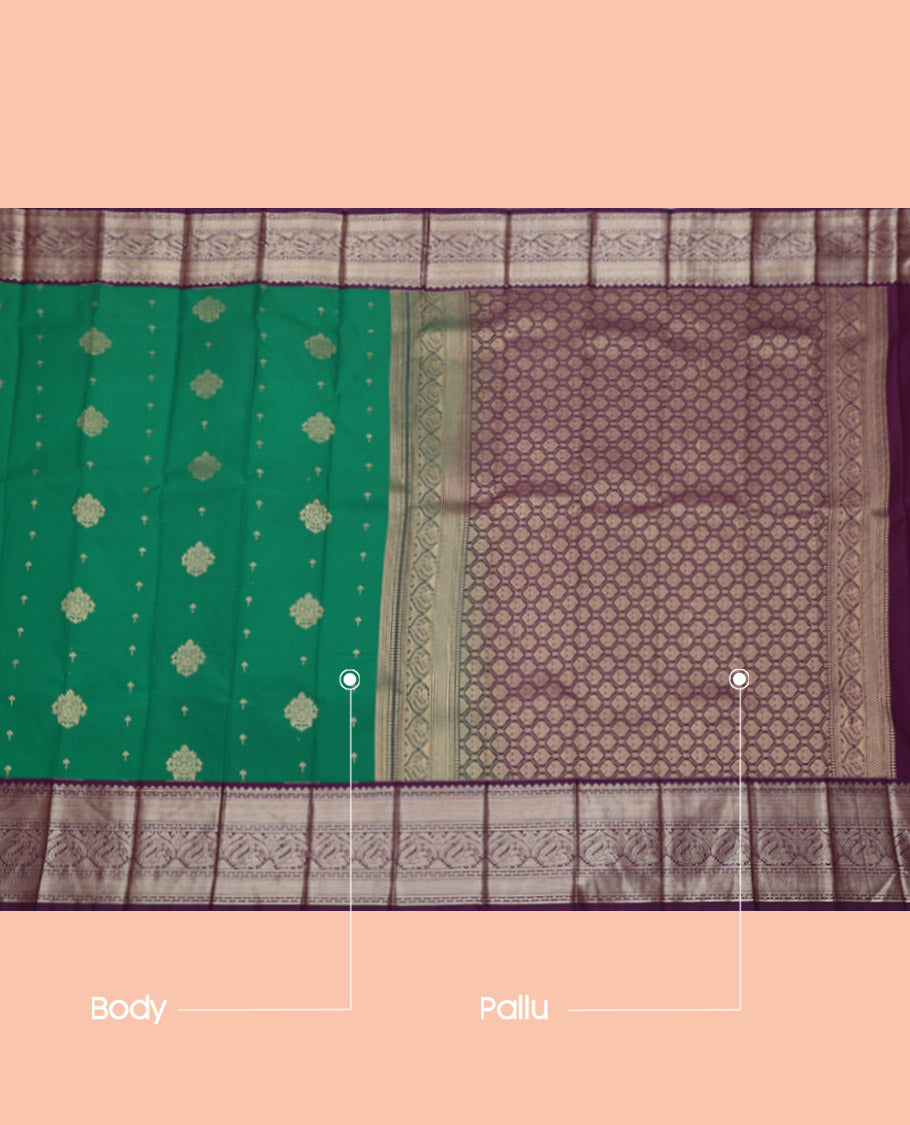 Green Budget Silk Saree, Elevated with Zari Buttas, Complemented by a Contrast Traditional Zari Border, Jaal Pallu, and a Contrast Blouse