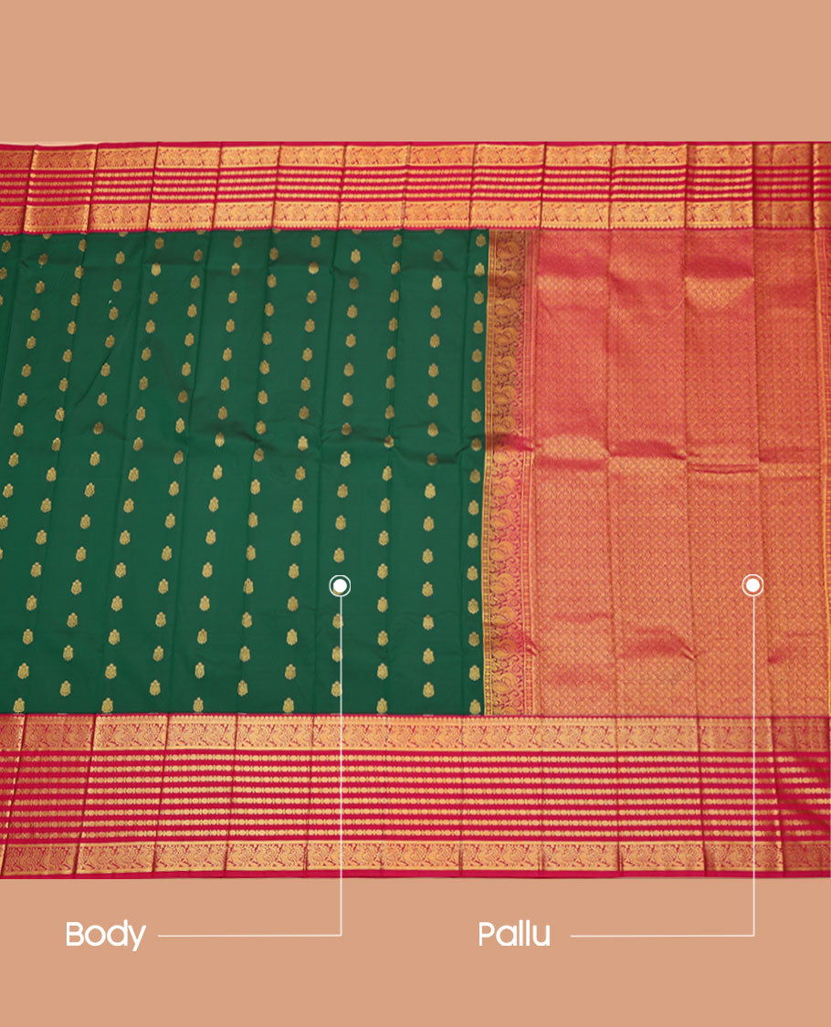 Green Budget Silk Saree, Enlivened with Zari Buttas All Over Its Body, Complemented by Contrast Traditional Zari Design Border, Jaal-Patterned Pallu, and Paired with a Contrast Blouse