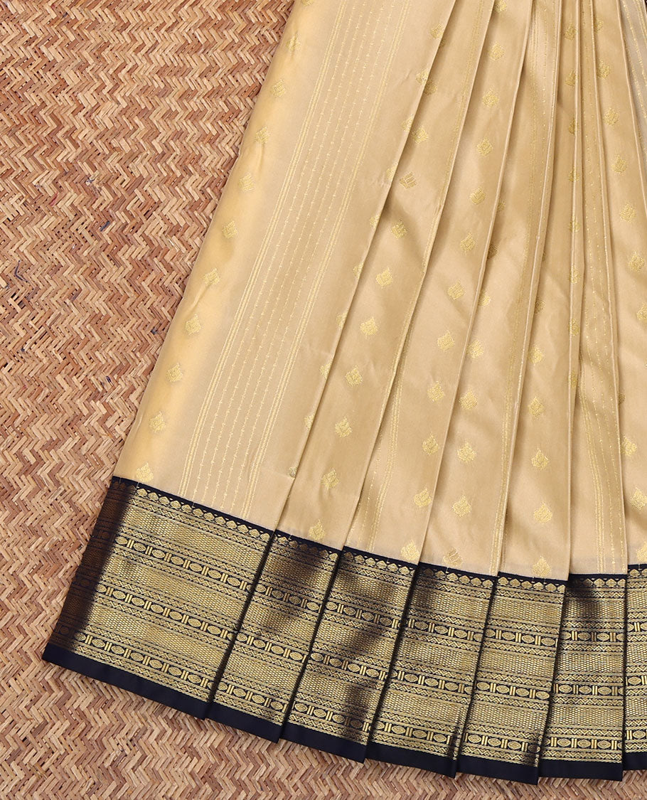 Beige Budget Silk Saree, Sparsely Woven with Zari Buttas All Over Its Body, Complemented by Contrast Traditional Zari Design Border, Geometric-Patterned Pallu, and Paired with a Contrast Blouse
