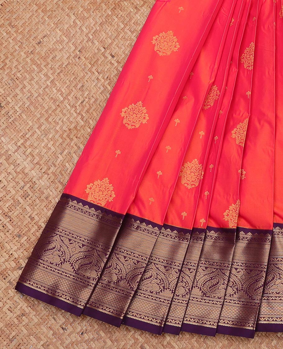 Orange Budget Silk Saree, Graced with Zari Buttas, Complemented by a Contrast Traditional Zari Border, Jaal Pallu, and a Contrast Blouse
