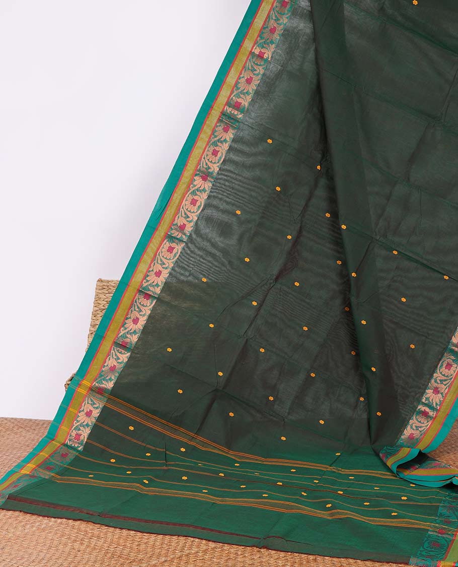 Green buttas Chettinad cotton saree, contrast floral creeper border & pallu of stripes & buttas