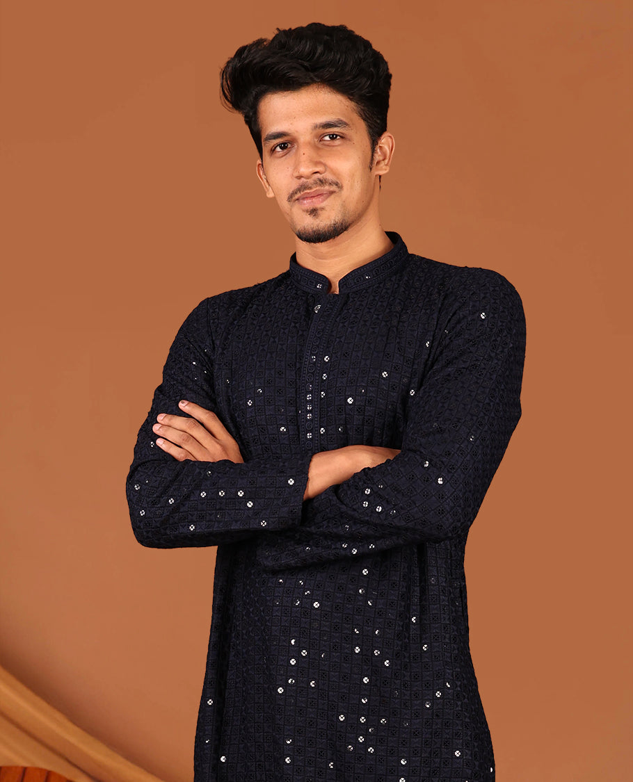 Dark Blue Sequins and Thread Chikankari-Style Embroidered Full-Sleeved Men's Kurta