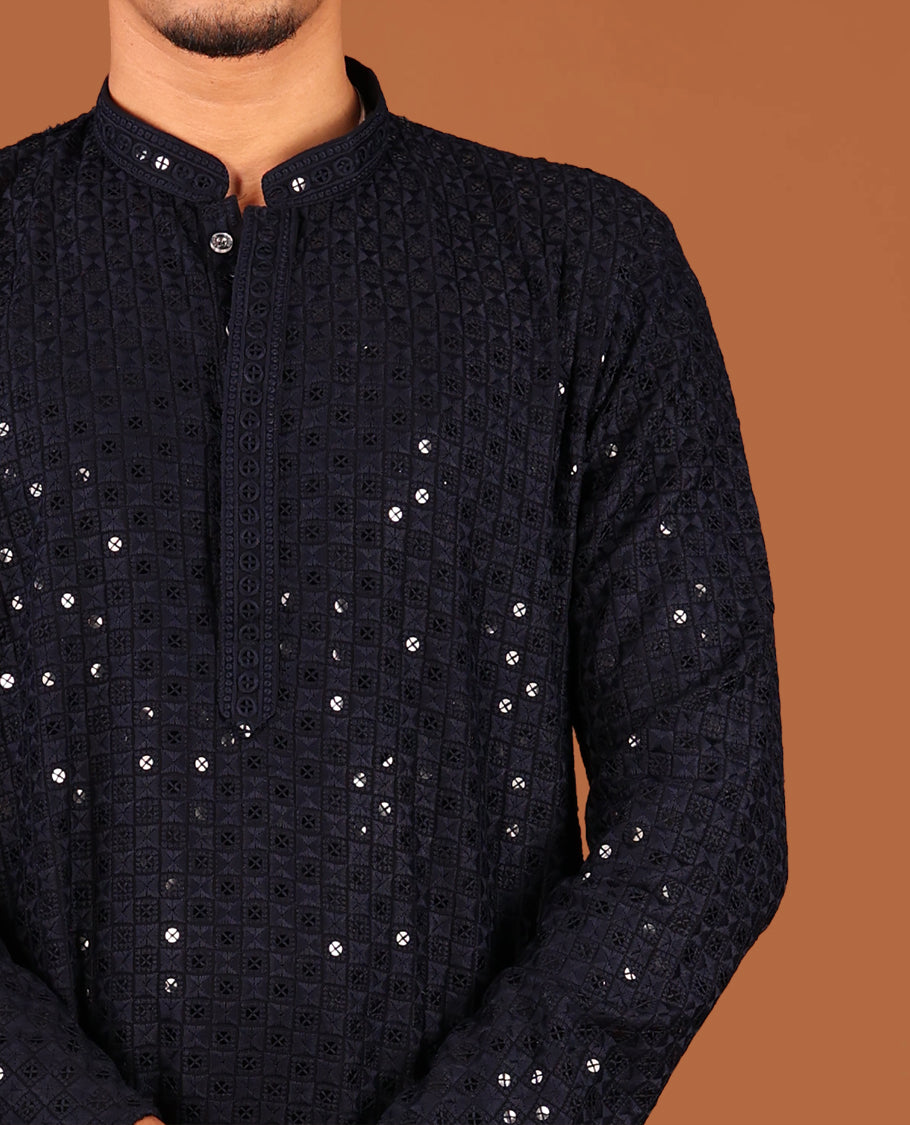 Dark Blue Sequins and Thread Chikankari-Style Embroidered Full-Sleeved Men's Kurta