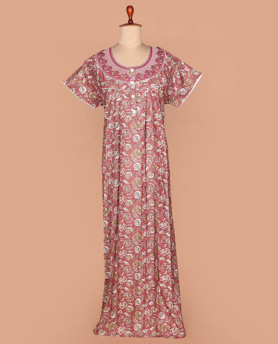 Pink intricately floral print with embroidered round neck half-sleeve cotton nighty