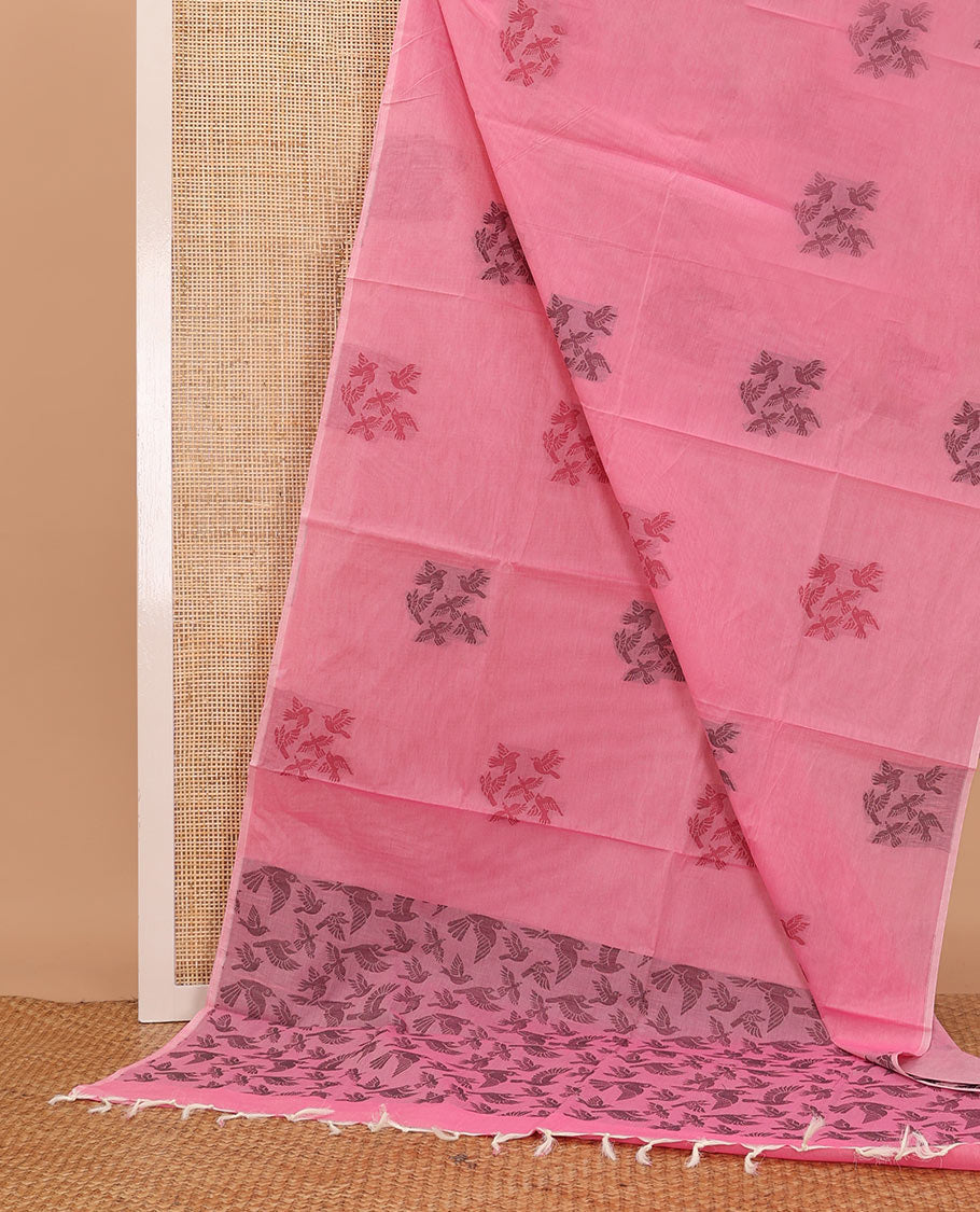 Borderless pink bird buttas Coimbatore cotton saree, pallu steeped with bird motifs