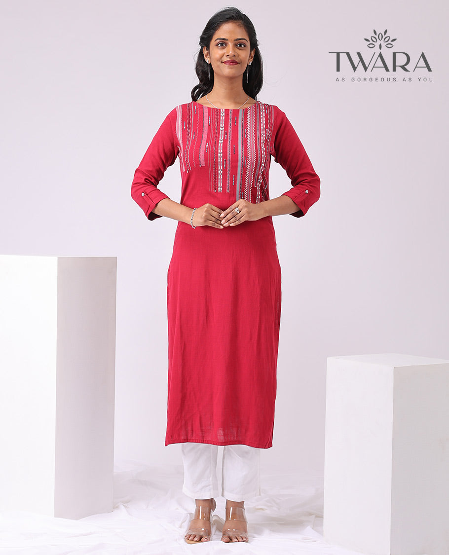 Twara red intricate embroidered round neck , 3/4 th sleeve , below knee leght straight cut kurti