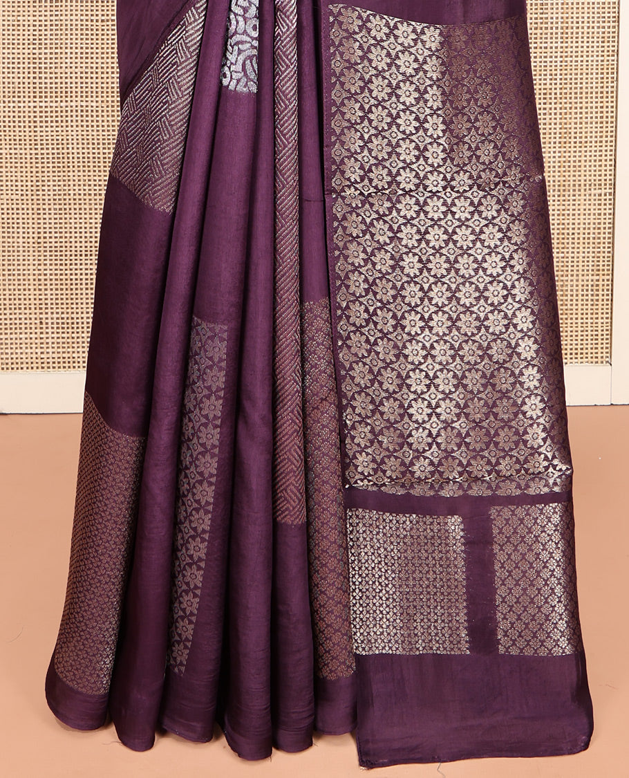 Borderless Purple Chanderi Cotton Saree, Steeped in the Richness of Zari Big Square Buttas All Over Its Body, Highlighted by Geometric Patterned Pallu and Paired with a Matching Brocade Blouse