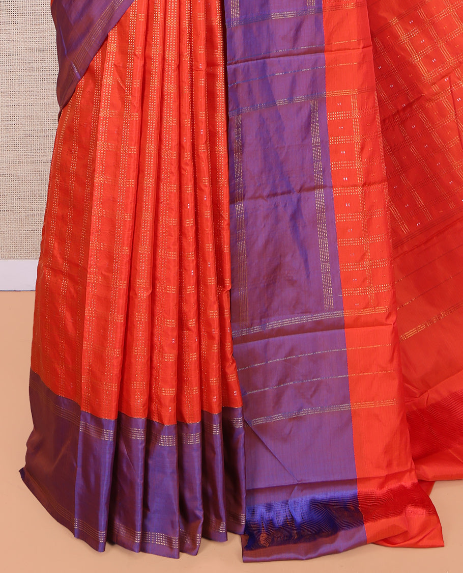 Orange Arani Saree, Detailed with Zari Butta Enclosed Checks, a Contrast Bodi Border, Pallu of Zari Design, and a Matching Blouse