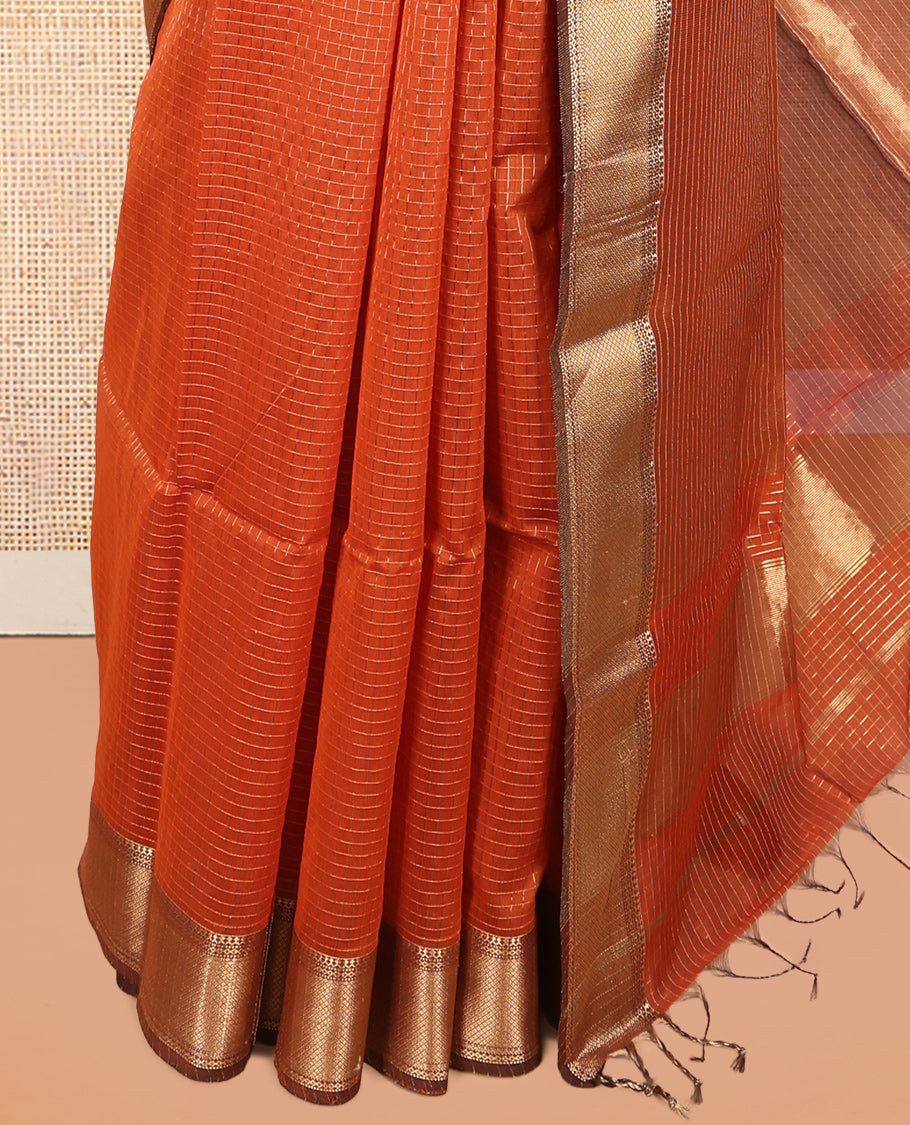 Rust Maheshwari Cotton Saree, Delicately Woven with Zari Checks, a Traditional Zari Border, Gleaming Zari Pallu, and a Matching Blouse