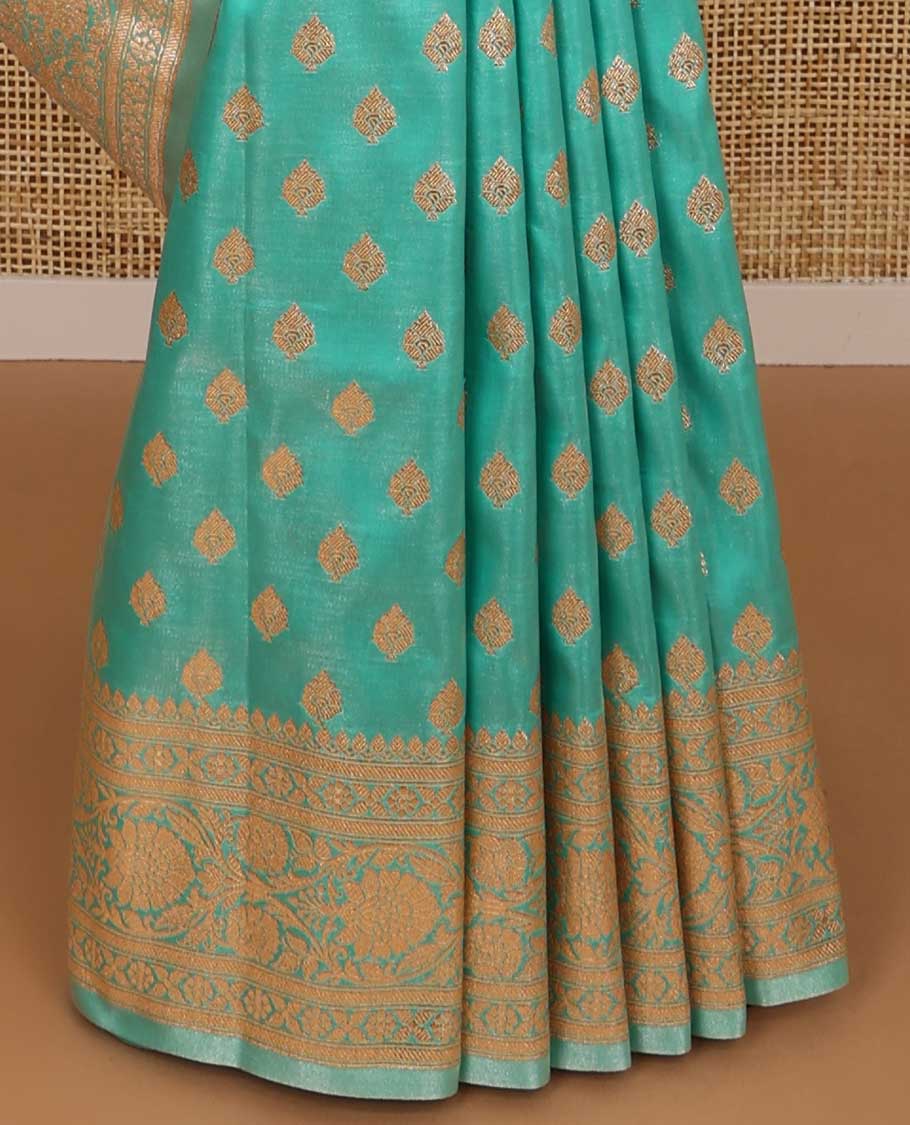 Sea green leaf buttas semi banaras nylon saree with self traditional zari design border & floral vine design pallu