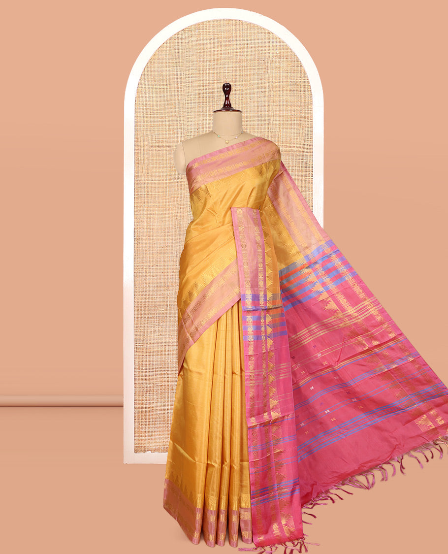 Yellow Banana Pith Saree, Sparsely Woven with Buttas, a Contrast Rettai Pettu Temple Border, Pallu of Buttas and Stripes, and a Contrast Blouse
