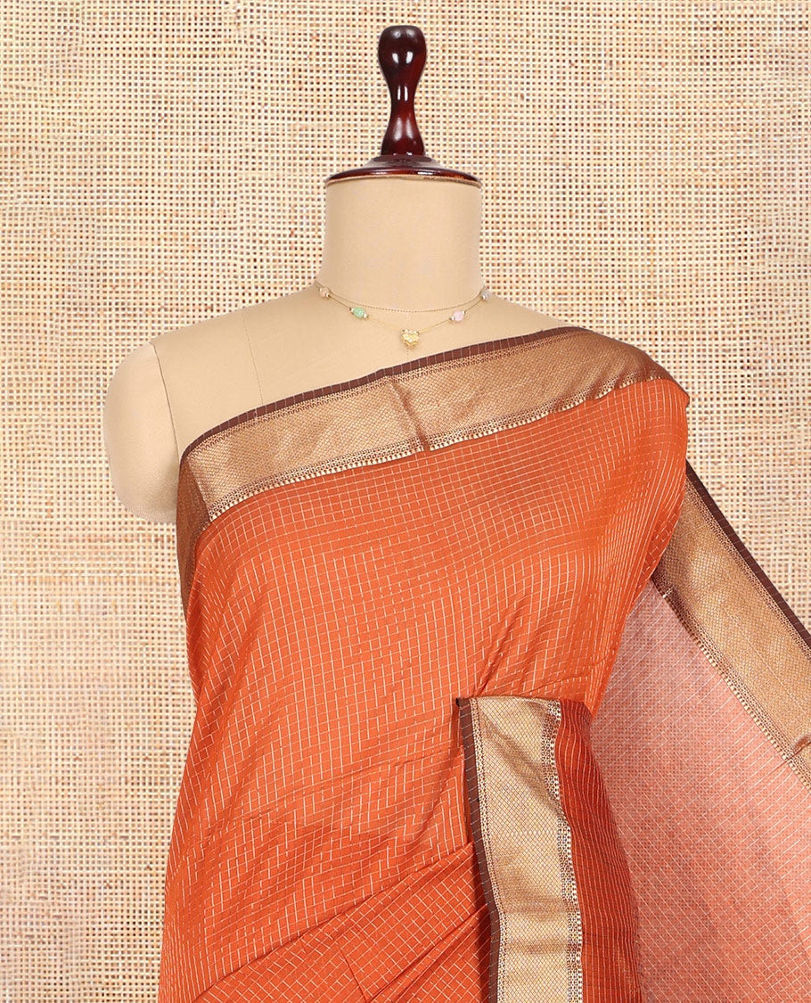 Rust Maheshwari Cotton Saree, Delicately Woven with Zari Checks, a Traditional Zari Border, Gleaming Zari Pallu, and a Matching Blouse