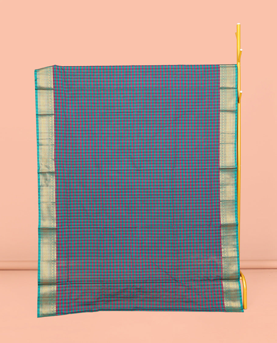 Blue-Red Chettinad Cotton Saree, Adorned with Micro-Checks, Highlighted by Traditional Zari Border, Striped Pallu, and No Blouse