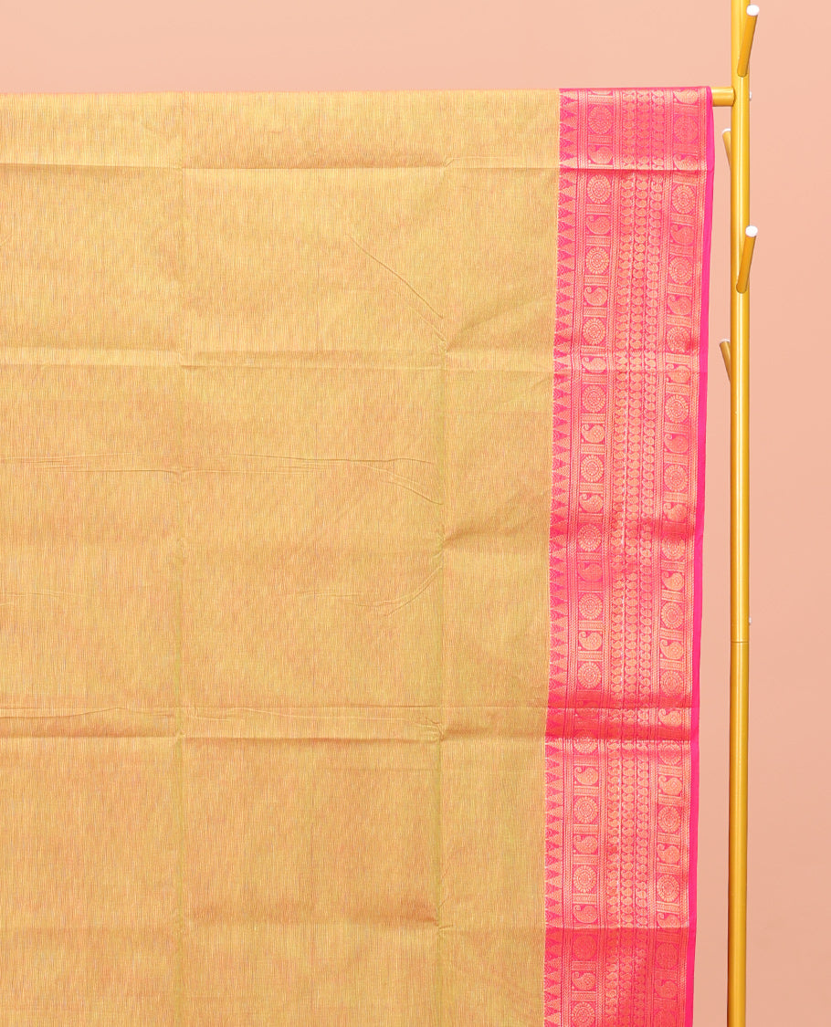 Yellow Plain Chettinad Cotton Saree, Complemented by a Contrast Traditional Zari Design Border, Pallu of Stripes, and Paired with a Matching Blouse