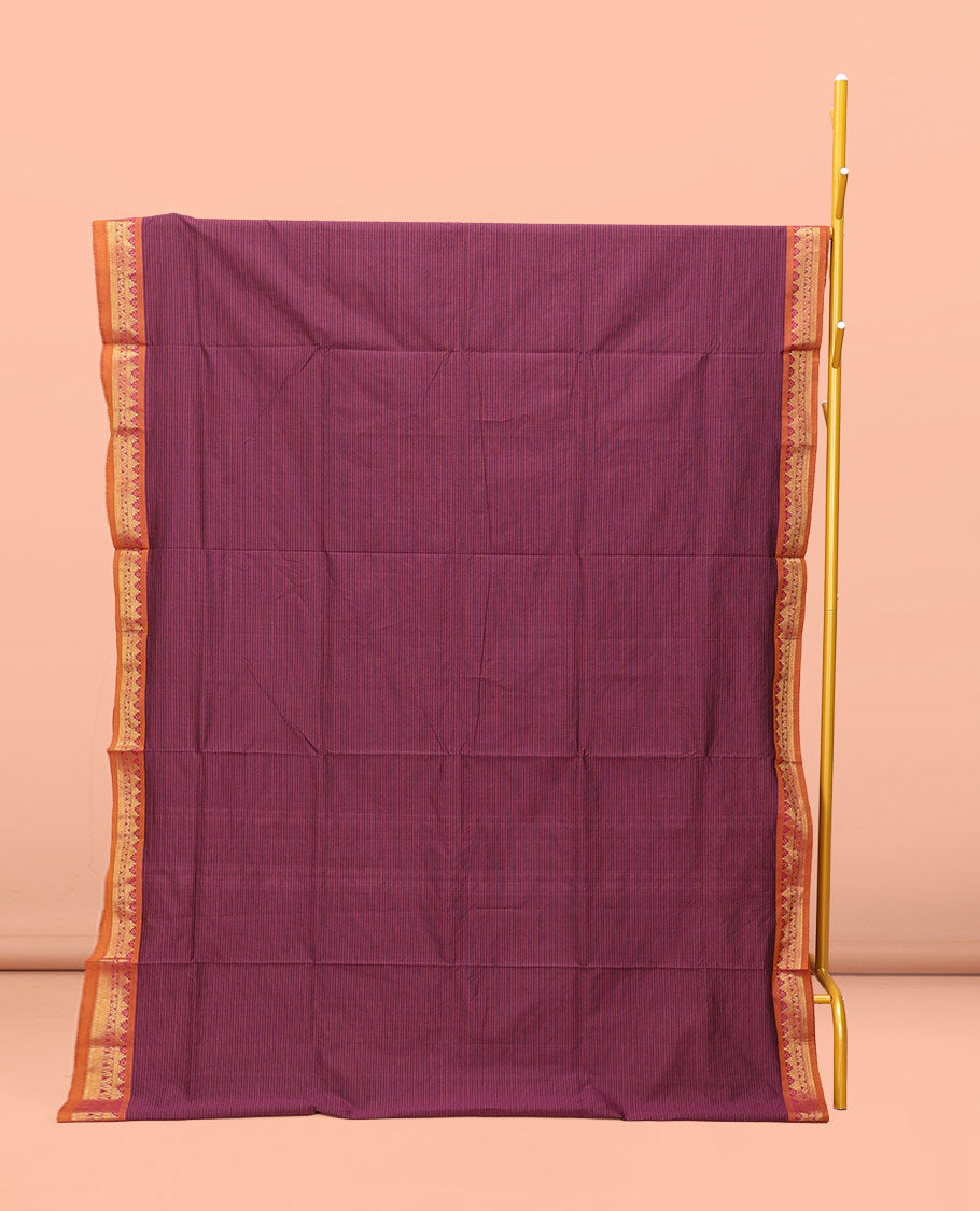 Wine Striped Poly Cotton Saree
