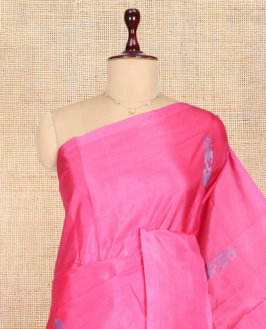 Borderless Pink Banana Pith Saree, Subtly Woven with Thread Buttas, a Contrast Pallu of Buttas and Stripes, and a Contrast Blouse