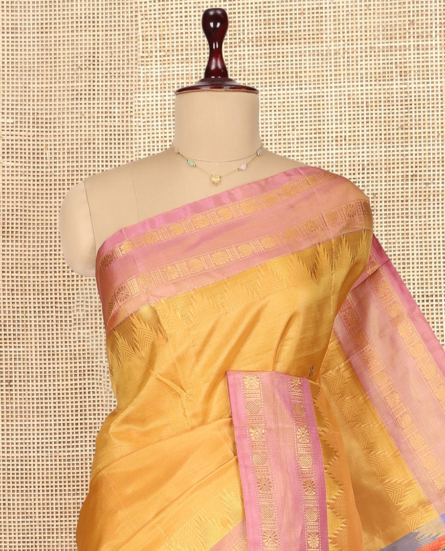 Yellow Banana Pith Saree, Sparsely Woven with Buttas, a Contrast Rettai Pettu Temple Border, Pallu of Buttas and Stripes, and a Contrast Blouse