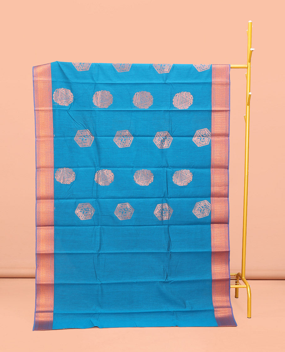 Blue Semi-Silk Cotton Saree, Decorated with Zari Buttas All Over Its Body, Highlighted by a Traditional Zari Border, Complemented by a Contrast Pallu of Geometric Designs, and Paired with a Contrast Blouse
