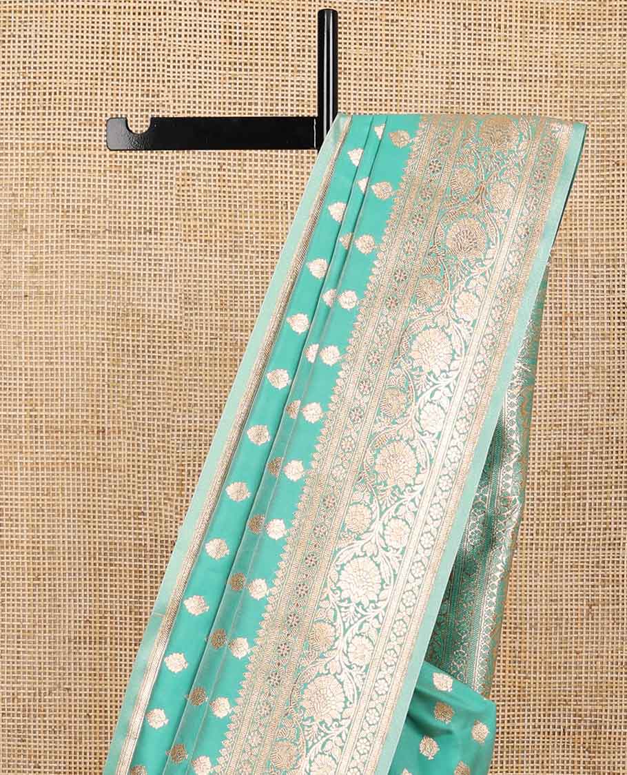 Sea green leaf buttas semi banaras nylon saree with self traditional zari design border & floral vine design pallu
