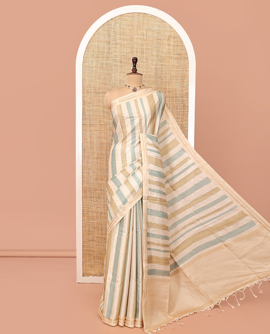 Chikku-Mustard Fancy Tussar Silk With Stripes, Zari Border, Pallu, and Blouse
