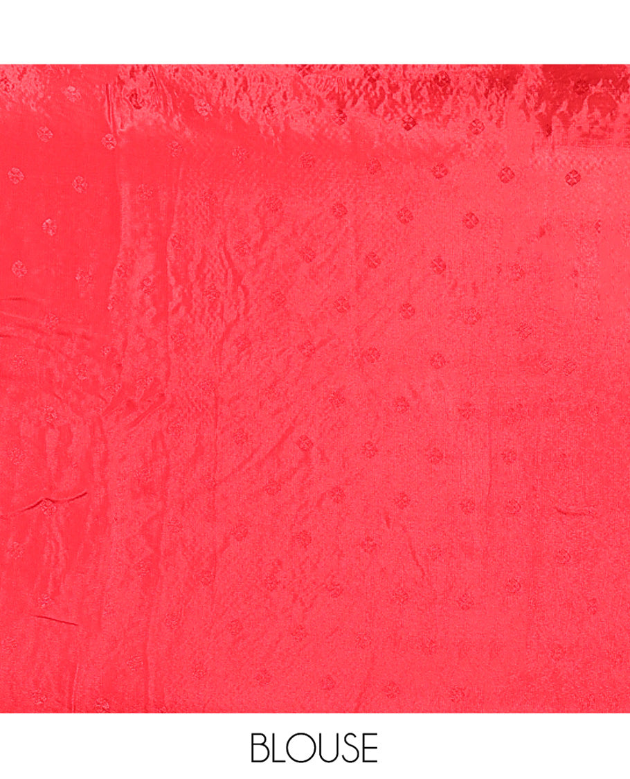 Red HO-Silk Saree, Adorned with Floral Zari Buttas All Over Its Body, Highlighted by Self-Border of Floral Creeper Designs, Floral Jaal Pallu and Paired with a Plain Blouse