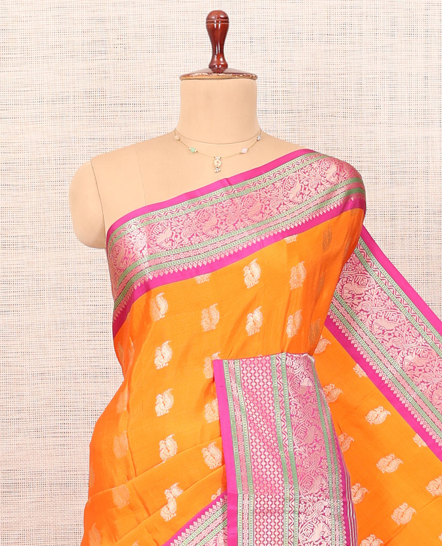Orange Peacock Buttas Semi-Soft Silk Saree