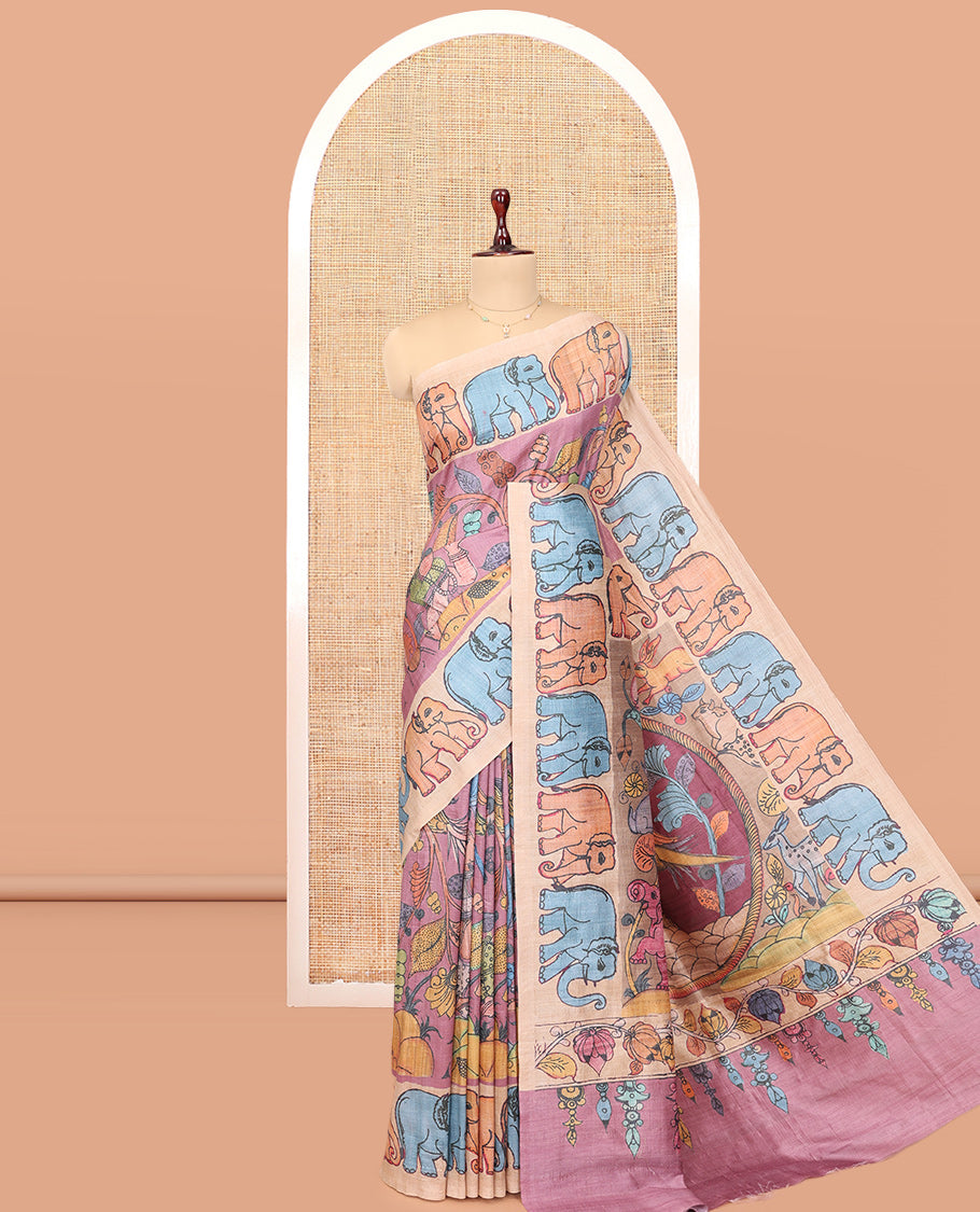 Pink Fancy Tussar Saree Features Kalamkari Floral and Animal Print, Contrast Elephant Border, Kalamkari Pallu, and a Contrast Blouse