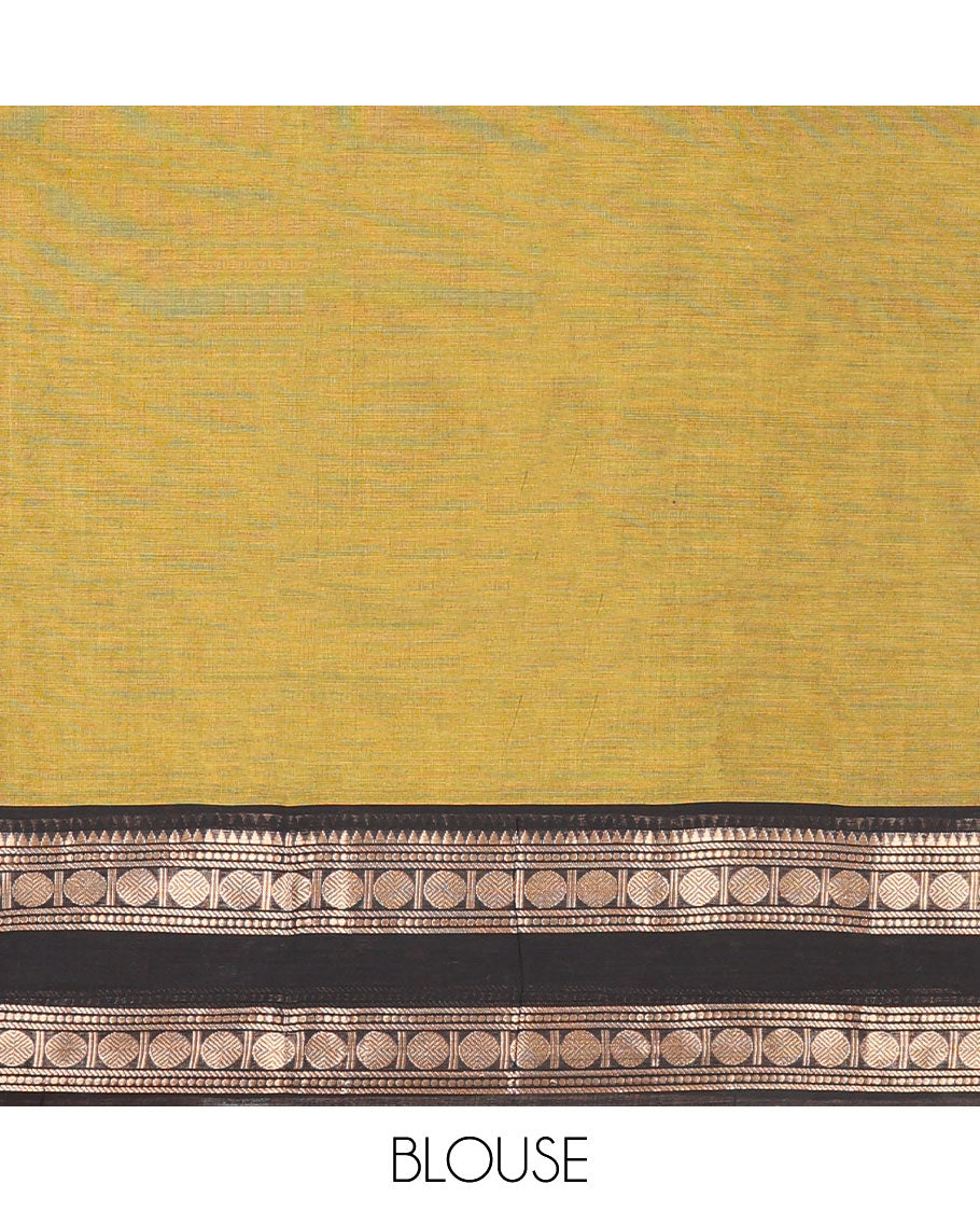 Green Plain Chettinad Cotton Saree, Complemented by a Contrast Rettai Pettu Rudraksham Zari Border, Striped Pallu, and a Matching Blouse