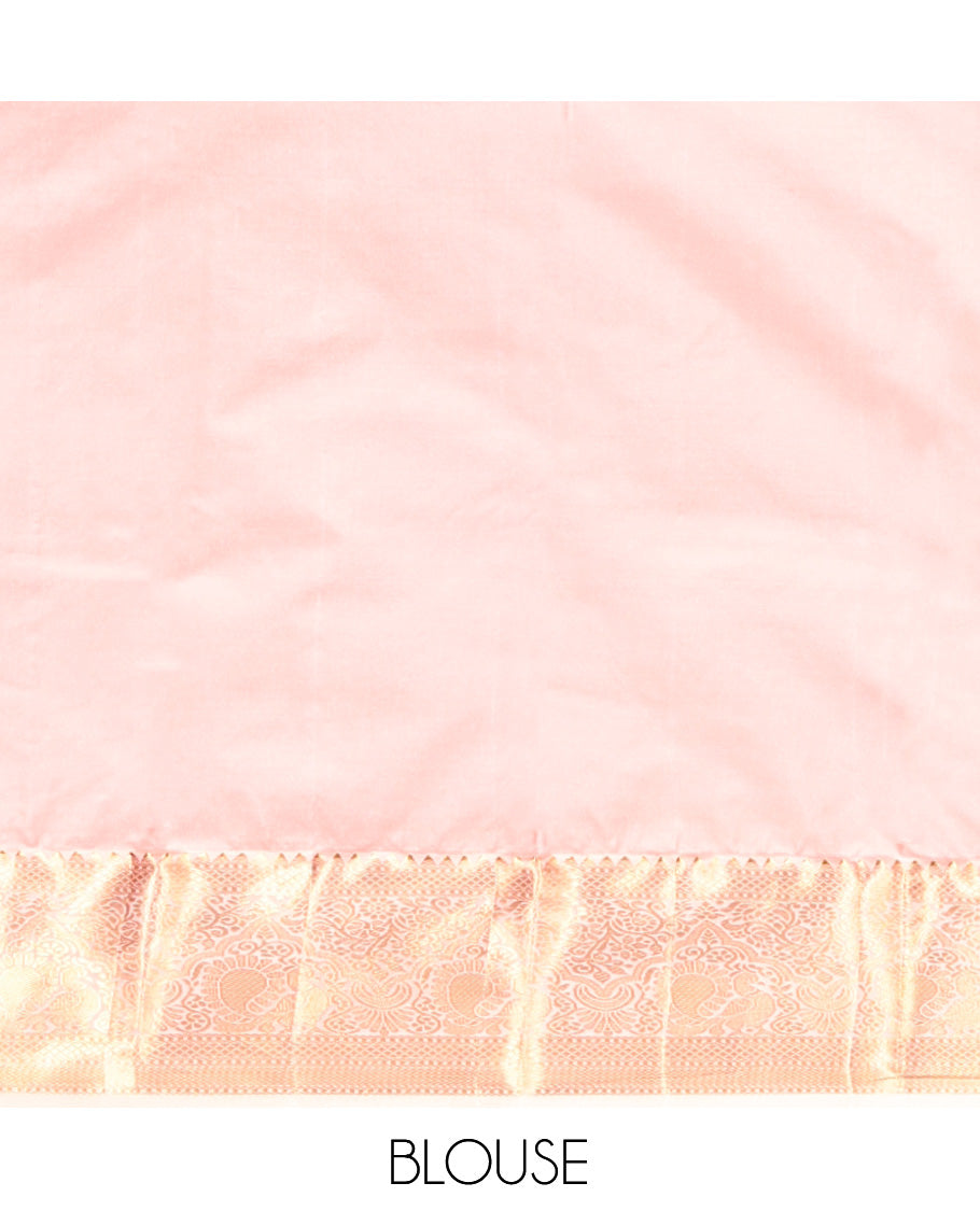 Pink Budget Silk Saree, Decorated with Zari Buttas, Complemented by a Contrast Traditional Zari Border, Jaal Pallu, and Contrast Blouse