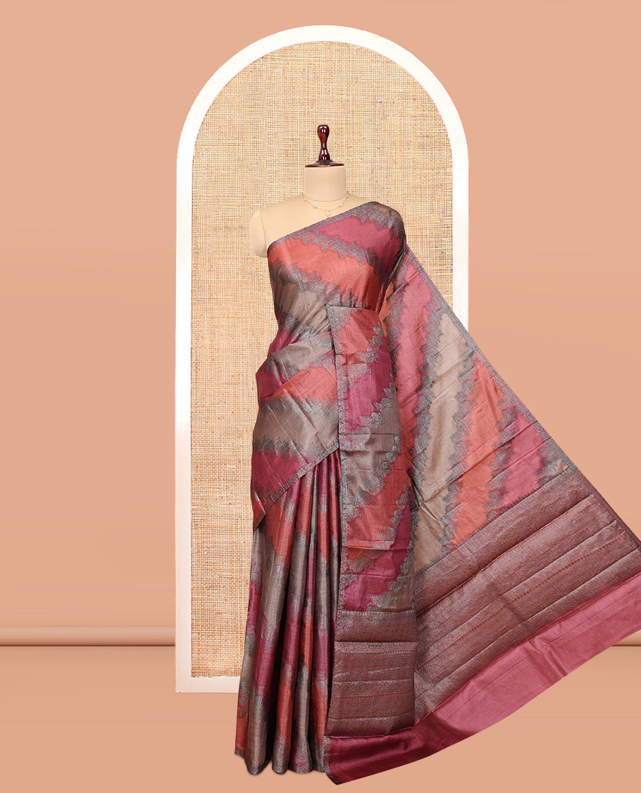 Borderless Multi-Color Tussar Silk Saree Features Rankat-Style Diagonal Zari Stripes, Sparsely Woven Pallu, and a Matching Blouse