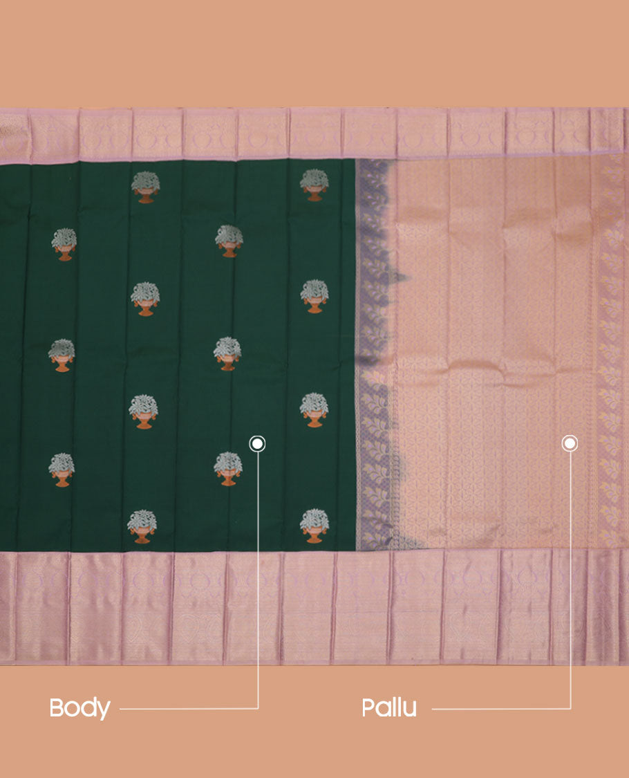 Green Budget Silk Saree, Elevated with Buttas All Over Its Body, Complemented by a Contrast Traditional Zari Design Border, Grand Pallu, and Paired with a Contrast Blouse