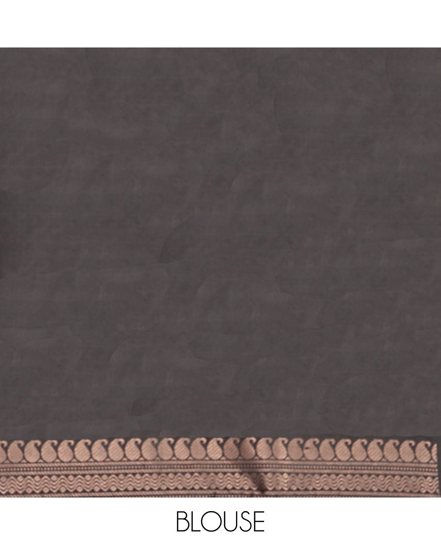 Black Kanchipuram Silk Saree, Decked Up with Ikat-Style Stripes, Highlighted By Floral Buttas Border, Grand Jaal Pallu, and a Matching Blouse