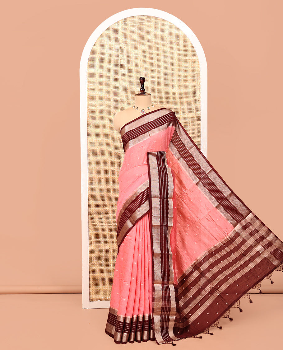 Peach Assam Silk Saree, Mesmerized with Zari Buttas, Complemented by Contrast Traditional Zari Border, Striped Pallu, and Contrast Blouse