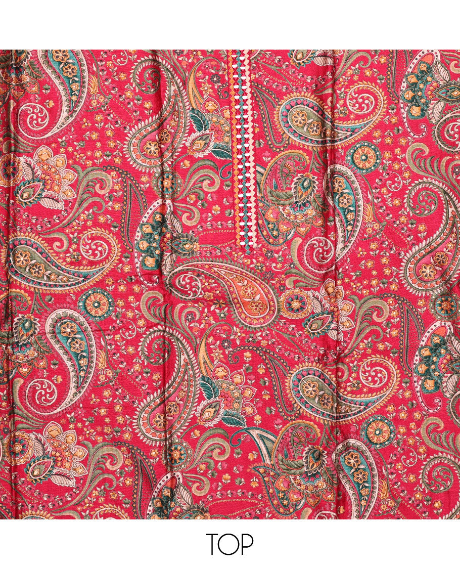 Pink Material Chudidar Set, Ornamented with Intricate Paisley Print and Neck Embroidery on Rayon Top, a Plain Rayon Bottom, and Paired with a Sequins Embroidered Chanderi Silk Dupatta