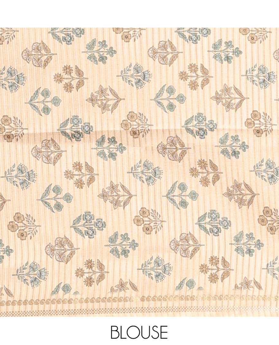 Chikku-Mustard Fancy Tussar Silk With Stripes, Zari Border, Pallu, and Blouse
