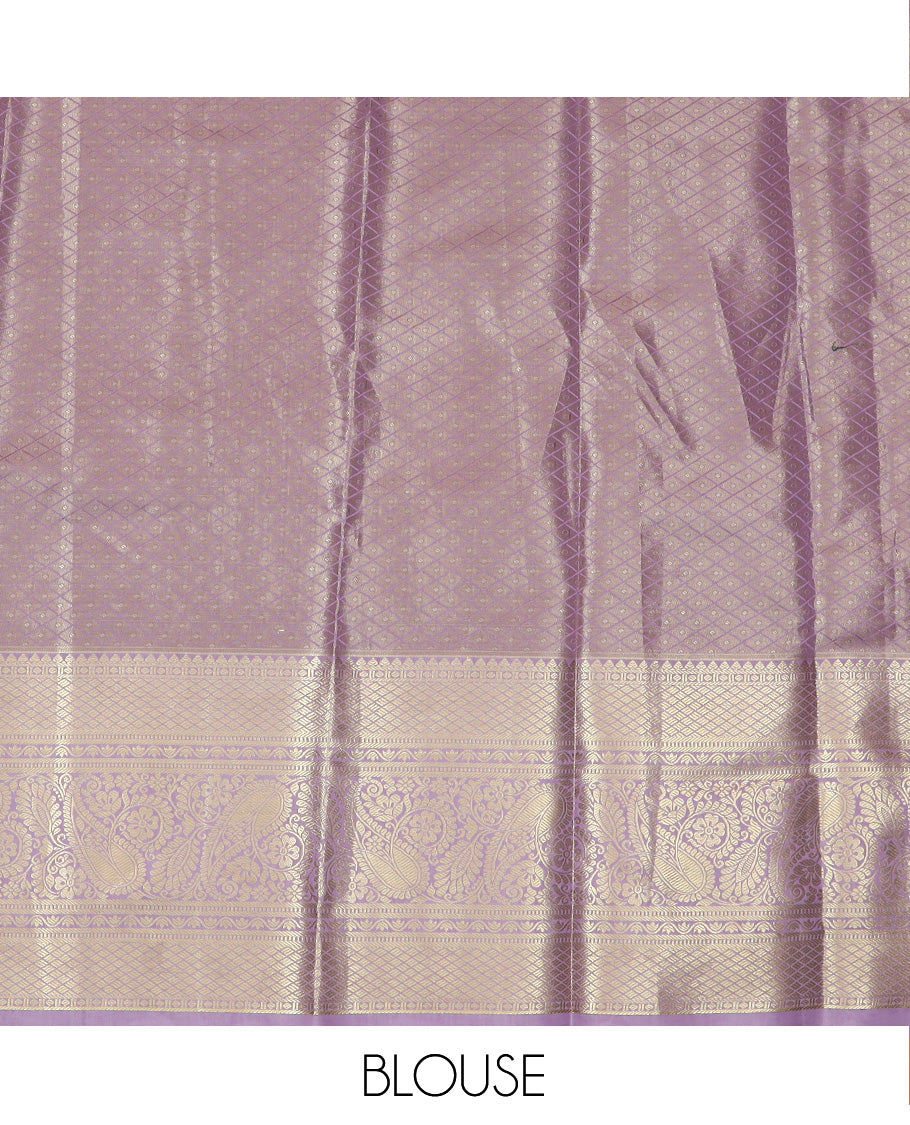 Pink Art Silk Material Half Saree Set Featuring Floral Jacquard Skirt, a Contrast Traditional Zari Design Border, a Zari-Jacquard Blouse, and a Dhavani Decorated with Zari Designs