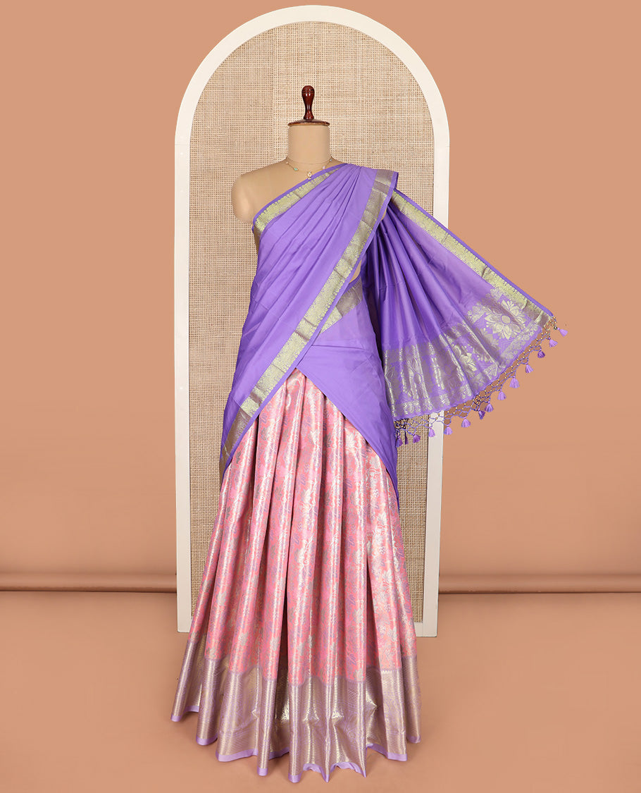 Pink Art Silk Material Half Saree Set Featuring Floral Jacquard Skirt, a Contrast Traditional Zari Design Border, a Zari-Jacquard Blouse, and a Dhavani Decorated with Zari Designs
