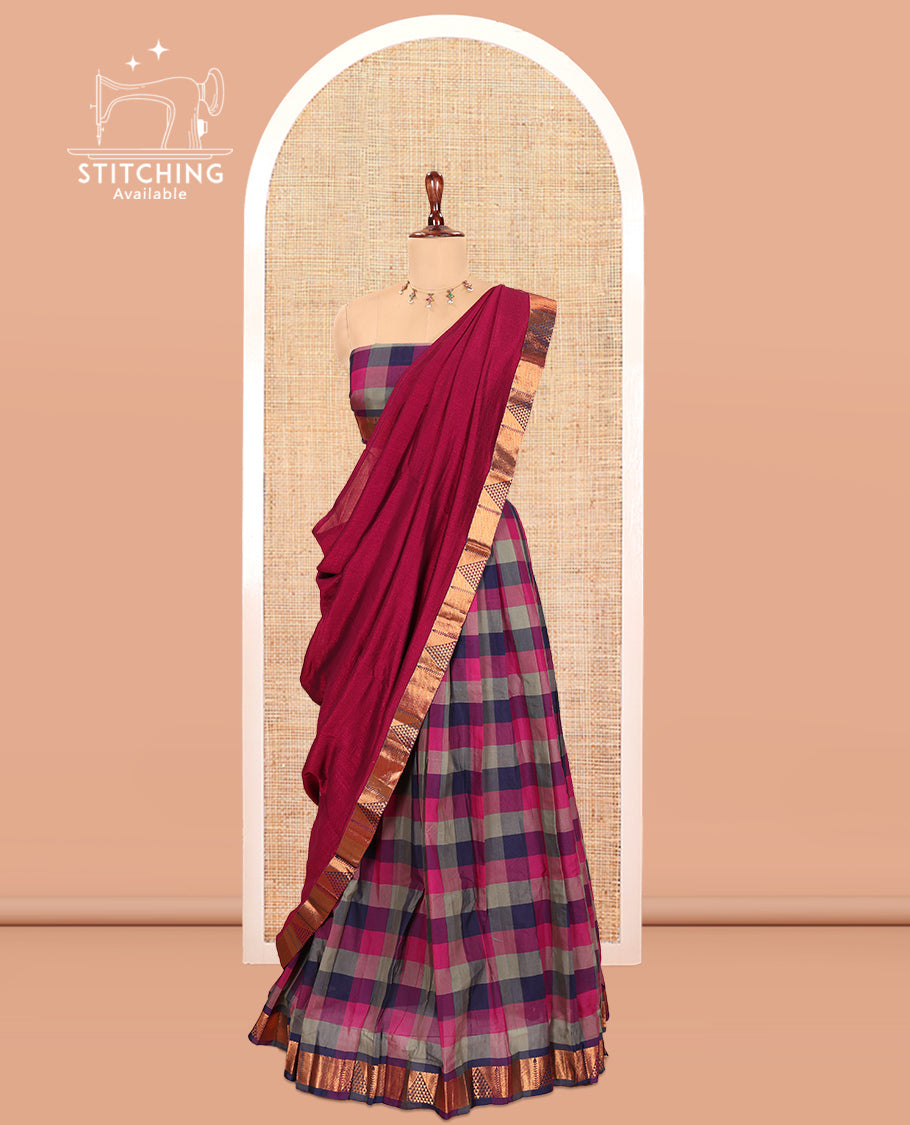 Multi-Color Checked Chettinad Cotton Half-Saree Features a Ara Maadam Border, Matching Blouse, Contrast Dhavani