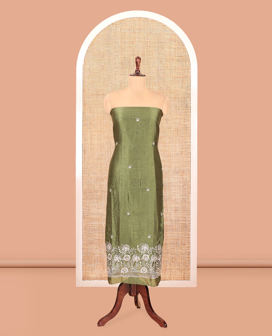 Green Semi-Silk Material Churidar Features a Floral Embroidered Top, a Matching Bottom, Embroidered Dupatta