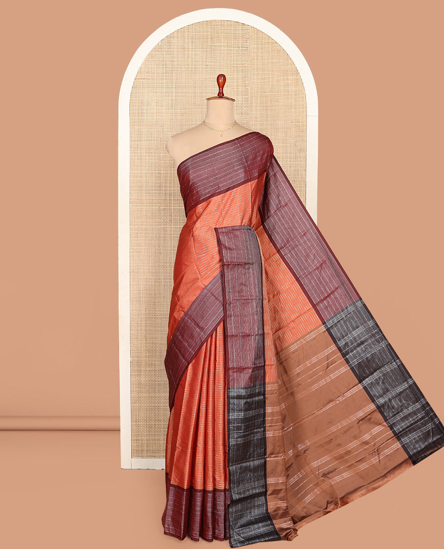 Orange Aarani Silk Saree, Woven with Zari Stripes on Its Body, Complemented by a Contrast Zari Striped Border, Pallu of Stripes, and Paired with a Contrast Blouse